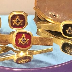 VTG FLEX-CET Masonic Freemason Tie Clips/Cuff Links Lot Red 3 pc/Black/Gold Tone